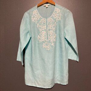 Charter Club Women M 100% Linen Blue Tunic Embroidery Relaxed Blouse Top